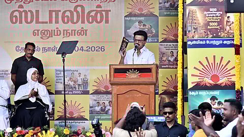 Chief Minister M K Stalin extends the final appeal to the electorate at a public meeting held at Kolattur Assembly Constituency while the time ends for campaign at 6pm, on Tuesday in Chennai.