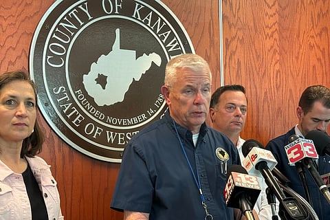 Kanawha County Commission Emergency Management Director C.W. Sigman speaks at a news conference Wednesday, April 22, 2026, in Charleston, W.Va.