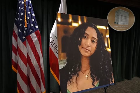 A photo of Celeste Rivas Hernandez is displayed Monday, April 20, 2026, in Los Angeles for a press conference regarding the case of singer D4vd, who was charged on suspicion of killing the 14-year-old girl whose dismembered body was found in his car.
