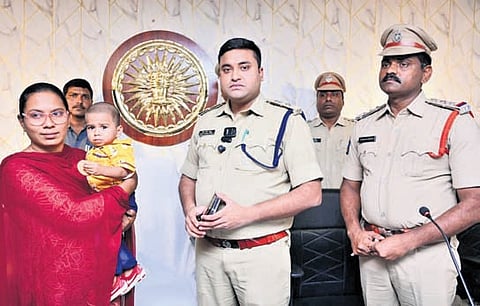 Krishna district SP V Vidyasagar Naidu addressing a press conference about the arrest of child trafficking gang members at Penamaluru on Wednesday