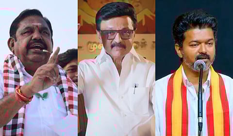 From left: AIADMK leader Edappadi K Palaniswami, DMK's CM MK Stalin, TVK chief Vijay.
