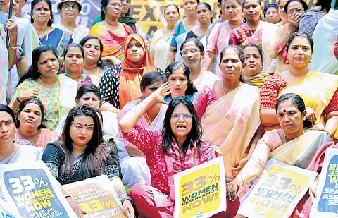 Mahila Congress members stage protest over delay in implementing women’s reservation