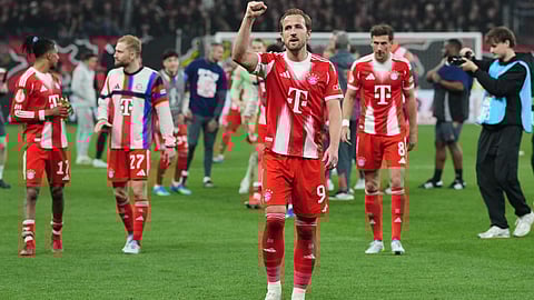 Bayern's Harry Kane celebrates after the German Soccer Cup semifinal match between Bayer Leverkusen and Bayern Munich in Leverkusen, Germany, Wednesday, April 22, 2026.