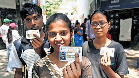 Mahalakshmi, a first-time voter, cast her vote along with friends at the Saidapet govt high school on Thursday.