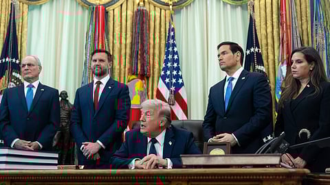 From left, U.S. Ambassador to Israel Mike Huckabee, Israeli Ambassador to the U.S. Yechiel Leiter, Vice President JD Vance, Secretary of State Marco Rubio, Lebanese Ambassador to the U.S. Nada Hamadeh Moawad, U.S. Ambassador to Lebanon Michel Issa, listen to President Donald Trump speak in the Oval Office at the White House, Thursday, April 23, 2026, in Washington.