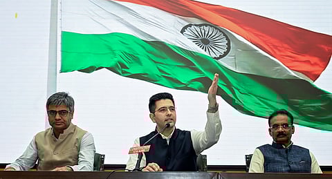 AAP MPs Raghav Chadha, Sandeep Pathak, and Ashok Mittal during a press conference, at Constitution Club.