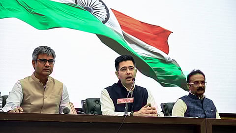 AAP MPs Raghav Chadha, Sandeep Pathak, and Ashok Mittal during a press conference, at Constitution Club, in New Delhi on Friday.