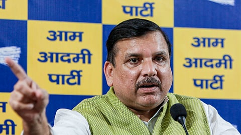 AAP leader Sanjay Singh addresses a press conference, in New Delhi, Friday, April 24, 2026. Singh on Friday slammed the party's Rajya Sabha members' defection as a work of the BJP under 'Operation Lotus', and said that the people of Punjab will not forgive the seven who quit.