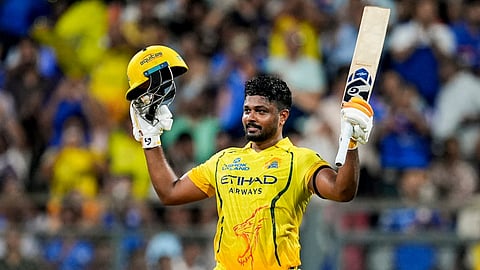 CSKs' Sanju Samson celebrates his century during an IPL 2026 T20 cricket match between Mumbai Indians and Chennai Super Kings, in Mumbai, Maharashtra, Thursday, April 23, 2026.
