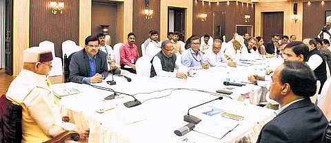 Governor Shiv Pratap Shukla chairs a meeting with vice-chancellors of different state universities in Hyderabad on Thursday