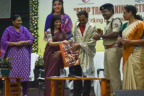 AP Womens Commission Chairperson Rayapati Sailaja during the workshop on women and child trafficking in Vijayawada on Friday.