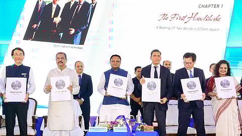 Chief Minister Mohan Charan Majhi and Union Minister Dharmendra Pradhan attend foundation-laying ceremony of joint venture between JSW Steel and JFE Steel (Japan) in Rengali, Sambalpur on Friday.