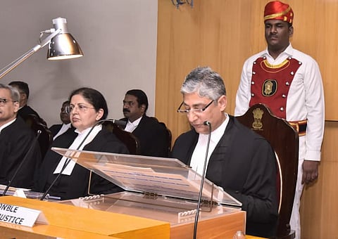 Outgoing HC CJ Dheeraj Singh Thakur and Justice Lisa Gill participates in the farewell of outgoing CJ at Hugh Court on Friday.