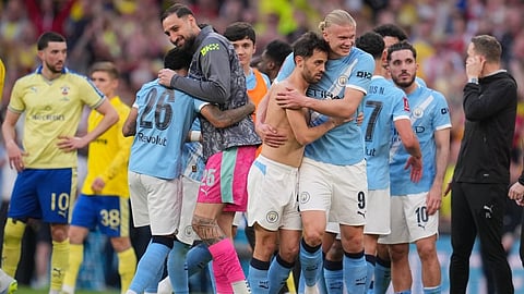 Manchester City players celebrate afterthe FA Cup semifinal soccer match between Manchester City and Southampton in Manchester, England, Saturday, April 25, 2026.