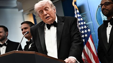 US President Donald Trump speaks during a press briefing in the Brady Briefing Room at the White House in Washington, DC, shortly after a shooting incident at the White House Correspondents’ Dinner.