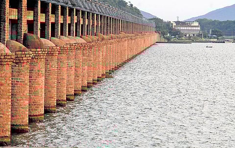 The Krishna River at Prakasam Barrage in Vijayawada, Andhra Pradesh.
