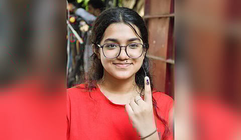 1st time voter casts her vote for the Assembly elections at polling booth in Teynampet on Thursday.