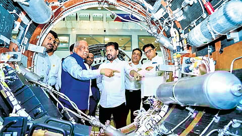 Chief Minister A Revanth Reddy at the Skyroot Aerospace facility in GMR Aerospace Park, Hyderabad, on Saturday.