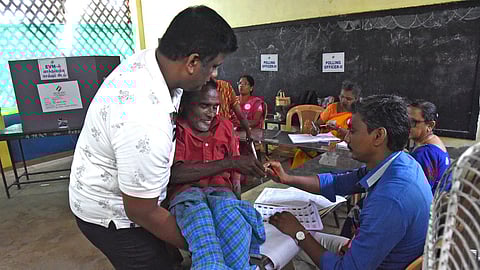 Physically challenged persons came to polling centers to cast their votes at Eb Road in Tiruchy on Thursday.