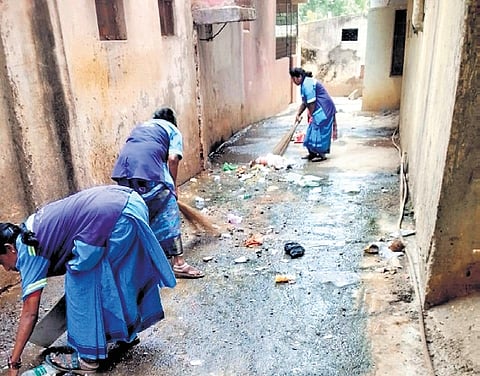Pourakarmikas and other sanitation staff clean slum areas under Bengaluru Central City Corporation as part of a special cleanliness drive for Swachh Survekshan 2025–26 ranking on Monday.