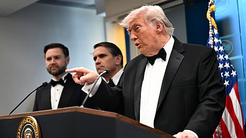 US President Donald Trump speaks at the White House in Washington, DC, shortly after a shooting incident at the White House Correspondents' Dinner on April 25