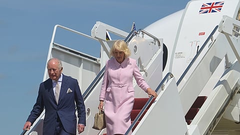 King Charles III and Queen Camilla arrive at Joint Base Andrews, Md., Monday, April 27, 2026.