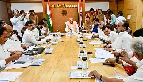 Madhya Pradesh Assembly Speaker Narendra Singh Tomar, state Chief Minister Mohan Yadav, LoP in the state Assembly Umang Singhar and others during a meeting before the start of the one-day state Assembly session, convened for a resolution on the Nari Shakti Vandan Adhiniyam.