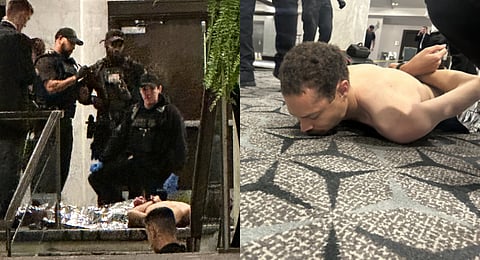 Members of law enforcement control shooting suspect Cole Tomas Allen during the White House Correspondents Dinner, Saturday, April 25, 2026, in Washington.