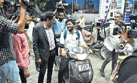 NTR district collector G Lakshmisha inspects sub-collectorate service station and enquires about the fuel situation in Vijayawada on Monday