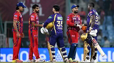 KKR's Rinku Singh and Rovman Powell greet Lucknow Super Giants' Prince Yadav and skipper Rishabh Pant after the IPL 2026 match at Bharat Ratna Shri Atal Bihari Vajpayee Ekana Cricket Stadium, in Lucknow on Sunday.