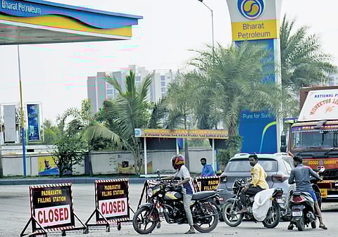 Several petrol pumps remained shut in Hyderabad on Monday, triggering panic buying at other outlets.