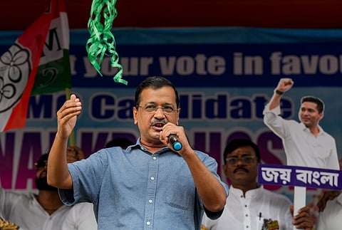 AAP national convener Arvind Kejriwal addresses during an election campaign in support of TMC candidate Kunal Ghosh, unseen, for the Beliaghata Assembly constituency amid the ongoing West Bengal Assembly elections, in Kolkata, West Bengal, Sunday, April 26, 2026.