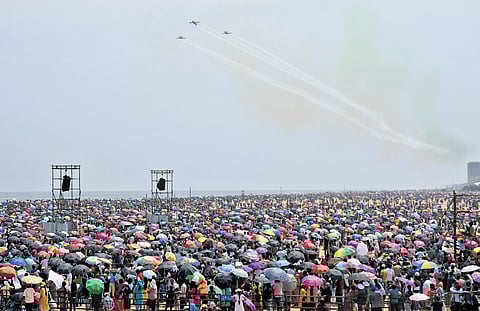 Thousands of people gathered to witness the IAF air show held at Marina Beach in Chennai on October 6, 2024.