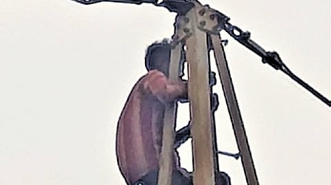 Marandi atop the electric tower