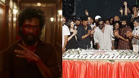 A still from Lokesh Kanagaraj's DC along with the cast and crew celebrating the film's completion of shoot