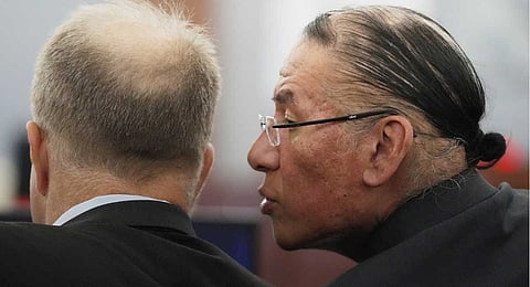 Nathan Chasing Horse, right, talks to his attorney Craig Mueller during his trial on charges of sexually abusing Indigenous women and girls, Jan. 13, 2026, in Las Vegas.