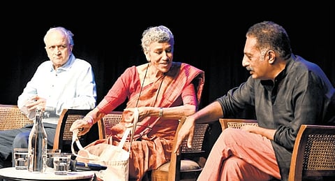 Historians Ramachandra Guha and Prof Janaki Nair and actor Prakash Raj at the panel discussion on ‘Umar Khalid and His World’ in Bengaluru on Tuesday