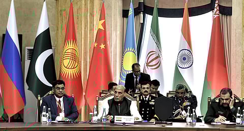 Defence Minister Rajnath Singh addressed the Shanghai Cooperation Organisation (SCO) Defence Ministers’ Meeting in Bishkek in the presence of Pakistan Defence Minister Khawaja Asif.