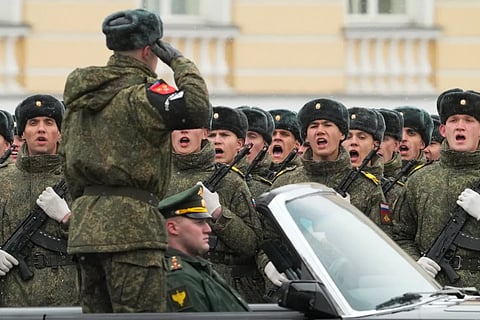 Troops attend a rehearsal for the Victory Day military parade at the Dvortsovaya (Palace) Square in St Petersburg, Russia, Tuesday, April 28, 2026.