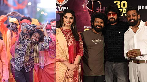 A still from KD: The Devil (L) and Kichcha Sudeep with the team of KD