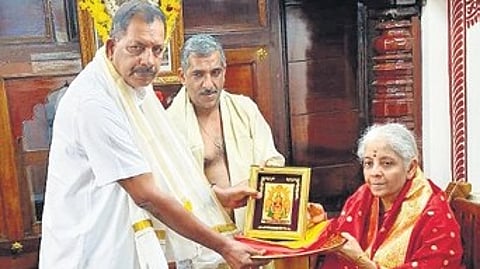 Union Minister Nirmala Sitharaman being felicitated by temple administration during her visit to Kollur Temple in Udupi on Tuesday