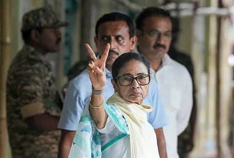 West Bengal Chief Minister Mamata Banerjee leaves after casting her vote at Mitra Institution school in her Bhabanipur constituency on April 29, 2026.