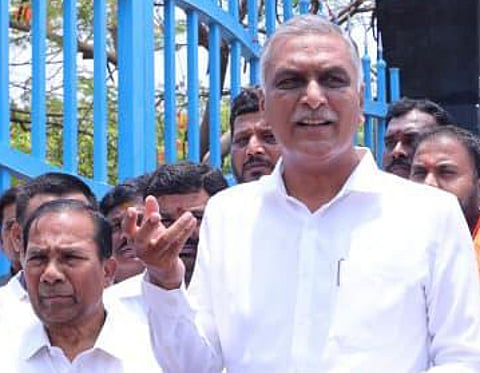 BRS MLA T Harish Rao interacts with media after meeting Manne Krishank at Sangareddy Jail