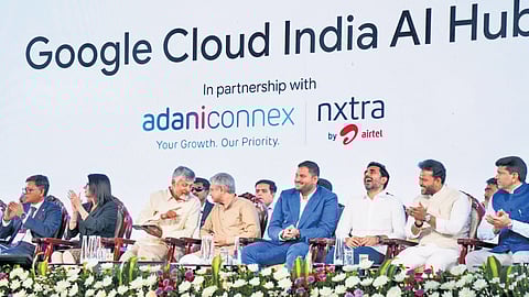 CM N Chandrababu Naidu in conversation with Union Minister Ashwini Vaishnaw during the foundation-stone laying ceremony of Google Cloud India AI Hub, in Visakhapatnam on Tuesday.