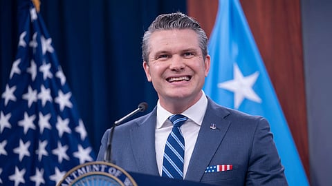 US Defense Secretary Pete Hegseth speaks to members of the media during a press briefing at the Pentagon, Thursday, April 16, 2026, in Washington.