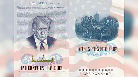 The State Department posted on social media a sample of the passport, which features a stern-looking Trump superimposed over the Declaration of July 4, 1776. Trump's signature lies underneath.