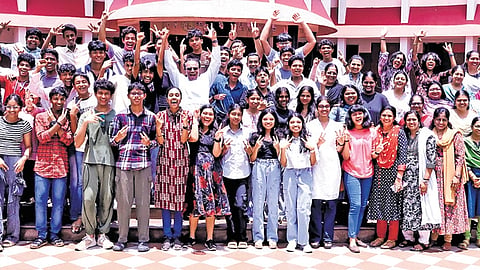 Students celebrating at Christ Nagar Central School at Kowdiar after the ICSE, ISC examinations results were announced on Thursday | Express