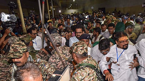 TMC leaders being stopped by security personnel outside a strong room at Khudiram Anushilan Kendra, ahead of the counting of votes for the West Bengal Assembly elections, in Kolkata, Thursday, April 30, 2026