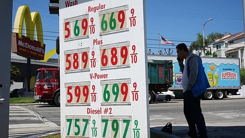 Gas prices are displayed at a gasoline station, Tuesday, April 7, 2026, in Los Angeles.