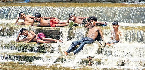 Boys take respite from the heat by bathing in the water released into the Vaigai river for the Chithirai festival, under the AV bridge in Madurai